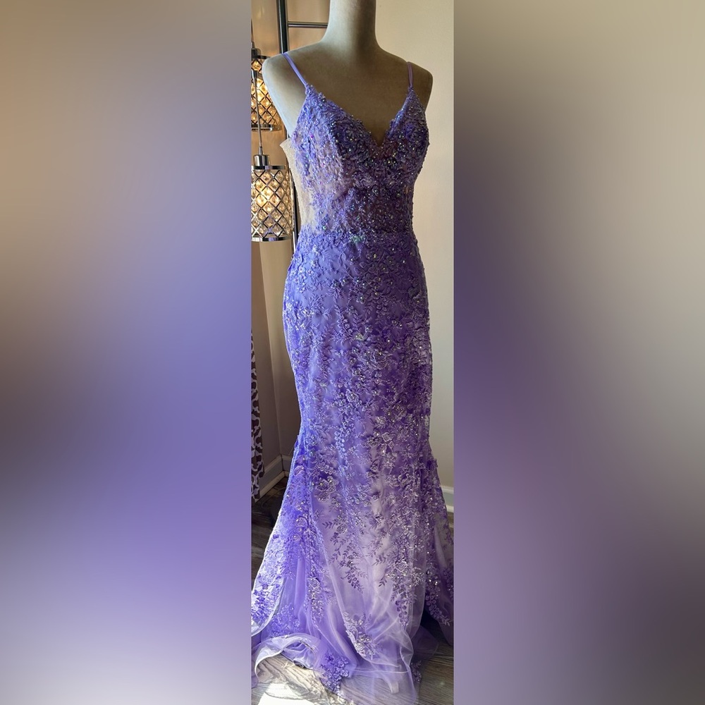 Sherri Hill‎ Lavender Sequin Beaded Mermaid Style Open Back Prom Corset Dress 14